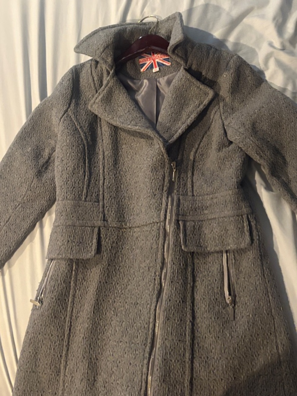 Womens Gray Textured Trench Coat with Zip Front